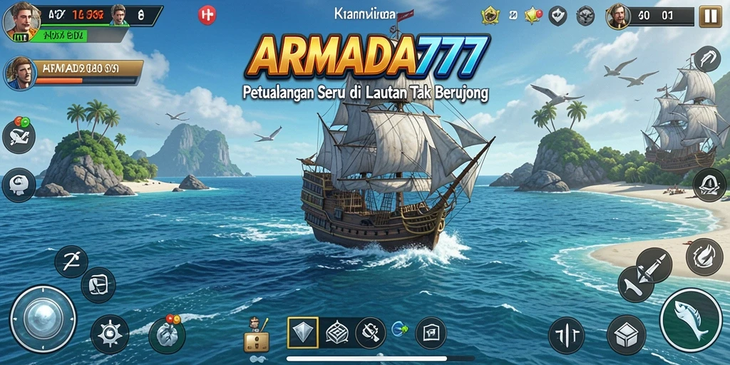 Tampilan gameplay seru dalam ARMADA777 saat berlayar di lautan.