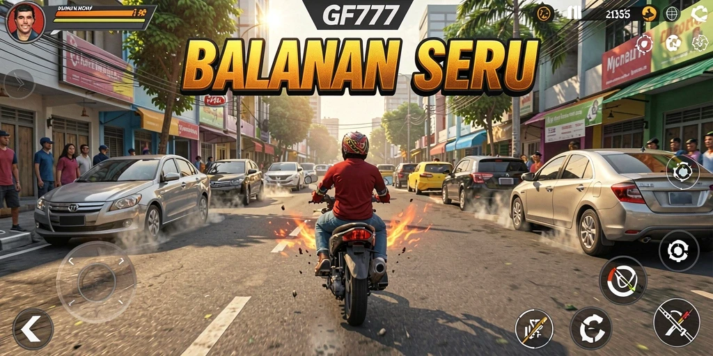 Screenshot gameplay GF777 menampilkan mobil melaju kencang di trek menantang.