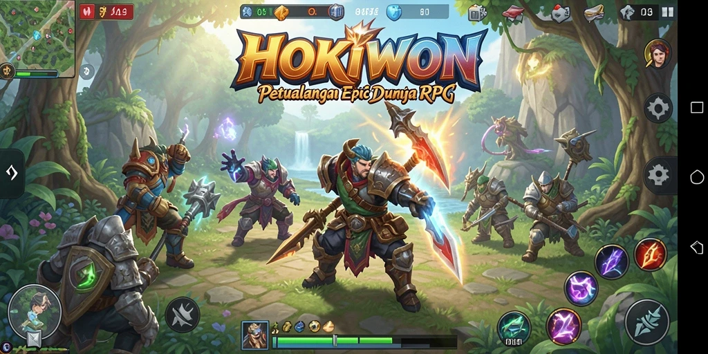 Screenshot HOKIWON menampilkan aksi pertempuran epik dalam permainan RPG.