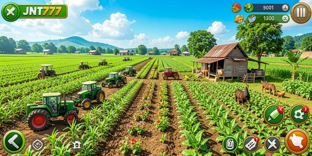 Screenshot gameplay JNT777 menampilkan ladang subur dan karakter petani.