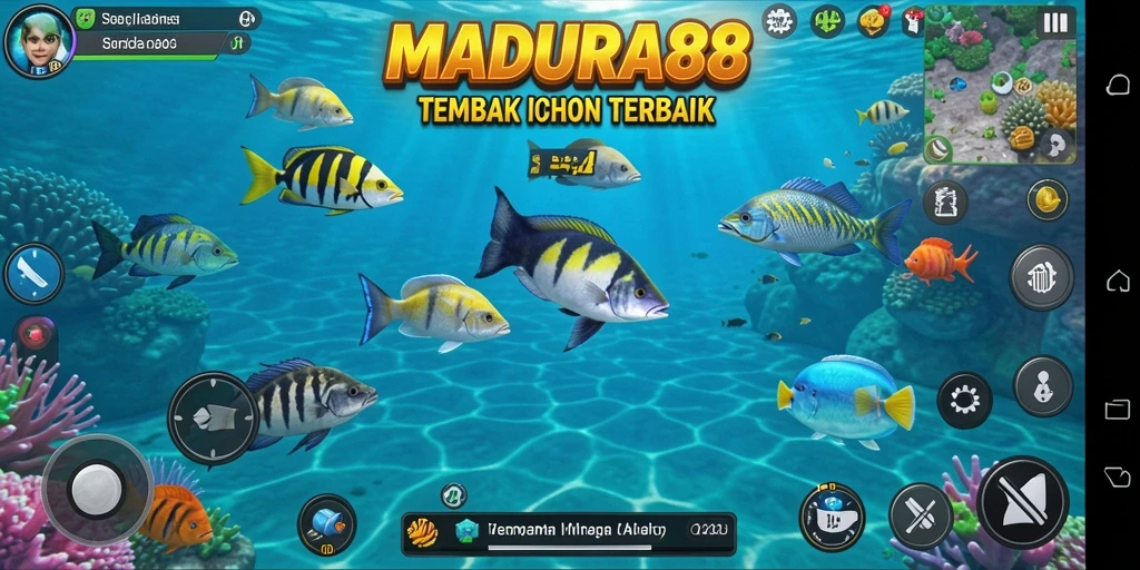 Tampilan gameplay seru di MADURA88, fokus pada menembak ikan.