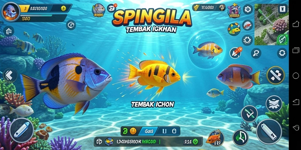 Screenshot gameplay SPINGILA yang menunjukkan aksi Tembak Ikan yang seru.