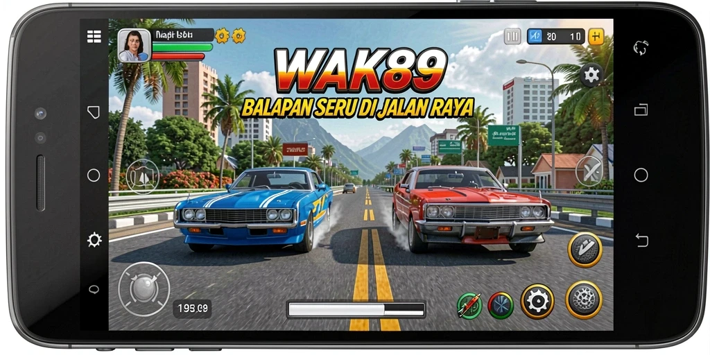 Screenshot menunjukkan aksi balap seru di WAK89 dengan kendaraan berkecepatan tinggi.