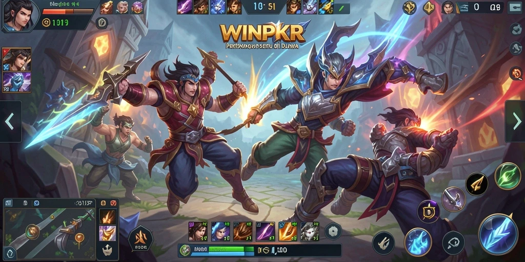 Tampilan gameplay seru di WINPKR dengan pertarungan tim MOBA.