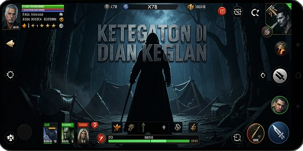 Screenshot menegangkan dari gameplay X78 di dunia kegelapan.